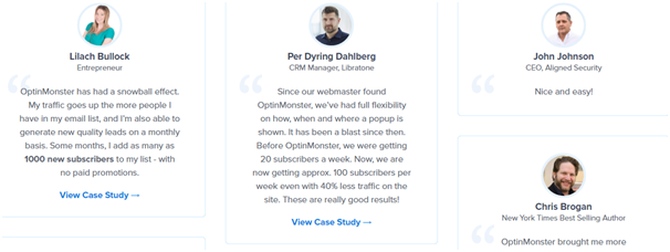 Example of testimonials