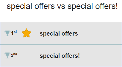 The phrase special offers is shown in first place over special offers with an exclamation point in second place.